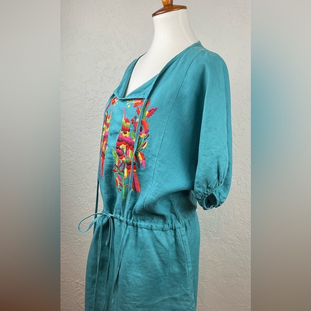 Uncle Frank Turquoise Drawstring Linen Tunic Dress Embroidered Parrots Sz Large - Picture 6 of 7